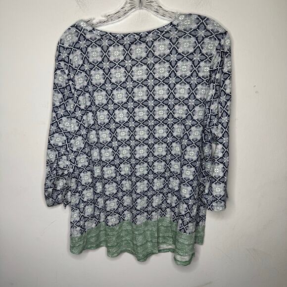 Lucky Brand Boho Top 1X Blue Green Mixed Print Split Neck Long Sleeve - Picture 2 of 8